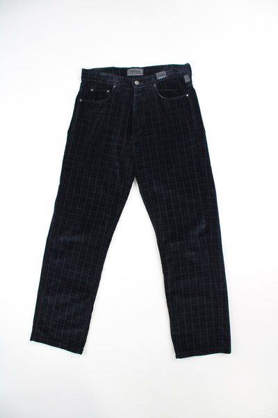 Vintage Versace dark blue tartan high-waisted trousers in velvet, features branded hardware 