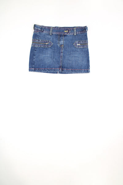 Vintage Y2K low rise FCUK denim mini skirt. Features silver hardwear and red and yellow contrast stitching. good condition  Size in label:   Womens 12