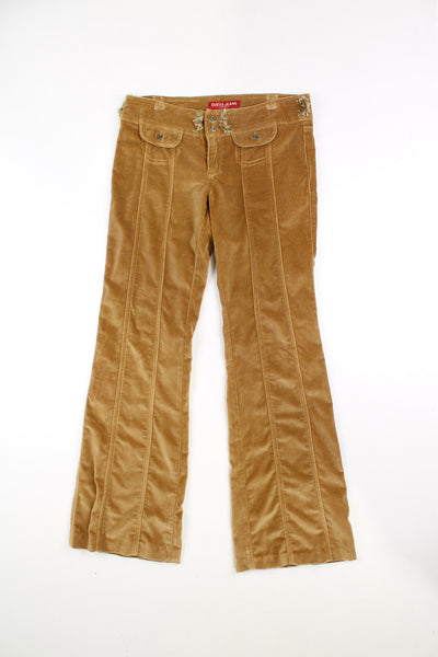 Y2K Guess velvet golden/tan slightly flared low rise trousers with fluffy belt loops and pockets 