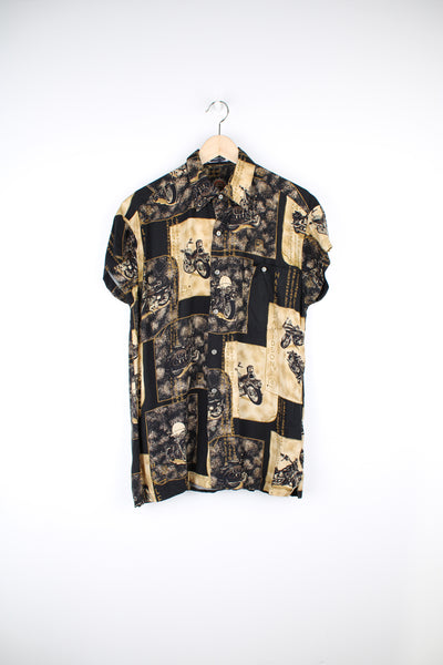 Vintage made in Hawaii Harley-Davidson button up shirt with all over graphic print, features chest pocket