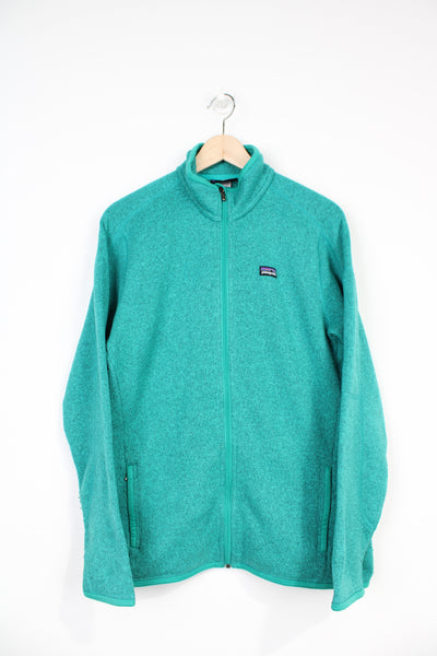 Patagonia turquoise knitted zip through fleece with embroidered logo on the chest