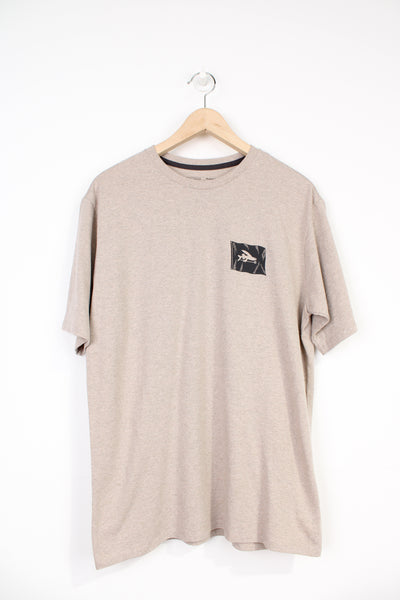 Patagonia 'surf activism' sandy , tan t-shirt with printed spell-out logo on the front and back