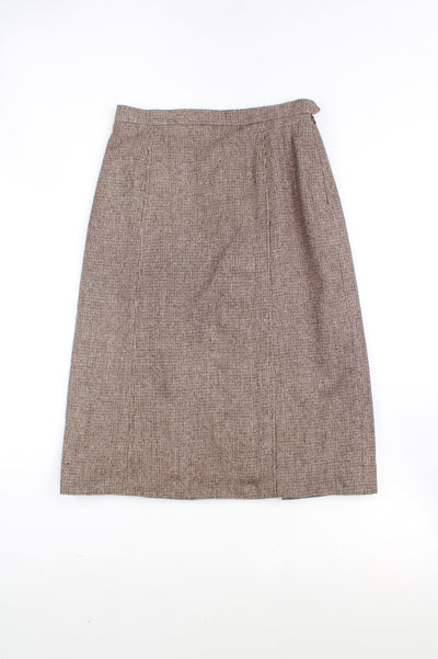 Vintage Aquascutum made in England brown tweed high-waisted midi skirt, with zip. 