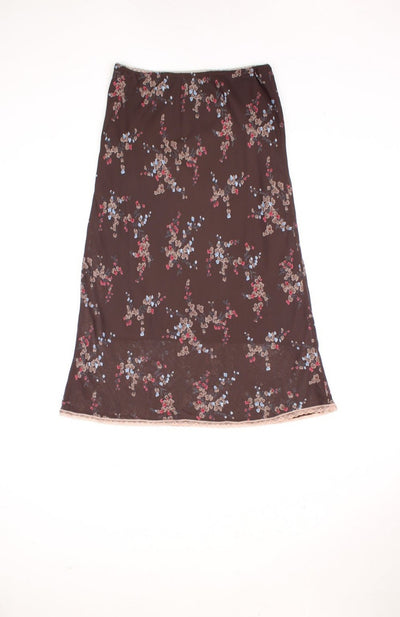 Vintage Y2K brown floral print midi skirt with lace trim. Could be worn mid or low rise depending on measurements.  good condition  Size in label:   12 (M-L)