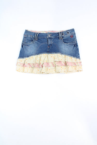 Y2K Duck and Cover denim mini skirt with floral cotton ruffled hem 