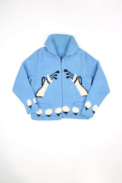 Vintage 60's/70's baby blue golf themed, zip through Cowichan knitted cardigan