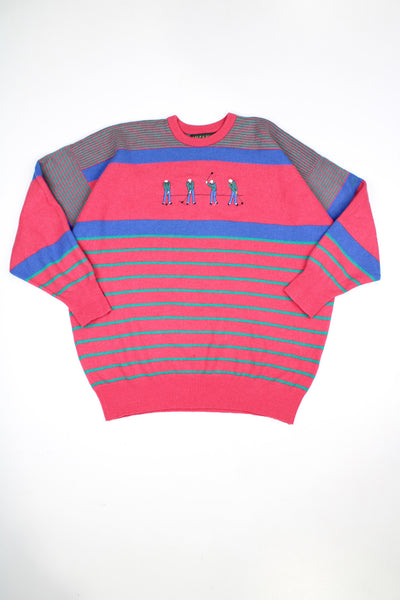 Vintage Lyle & Scott 100% pure lambswool pink and blue striped knitted jumper, features embroidered golfers on the front