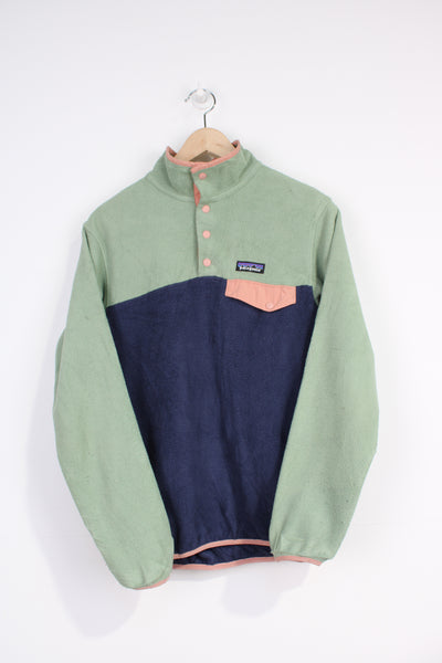 Patagonia Synchilla mint green and purple fleece with 1/4 popper fastening, front pocket and embroidered logo