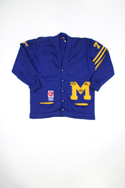 Vintage 1960's 100% wool blue and yellow varsity/letterman cardigan, features embroidered badges all over