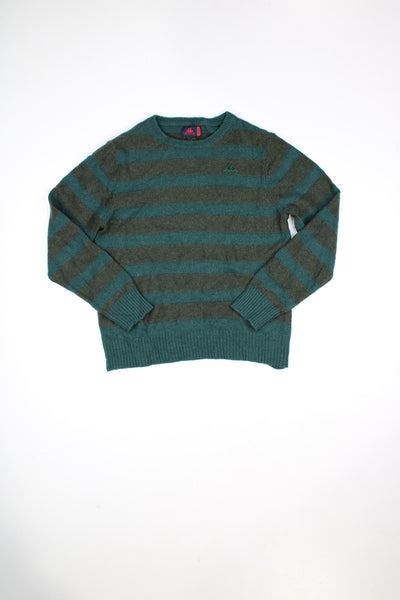 Vintage Kappa wool, green striped knit jumper features embroidered logo on the chest