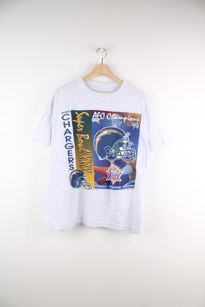 Vintage 90's Super Bowl XXIX AFC Champions 94, San Diego Chargers single stitch t-shirt in grey with printed graphic on the front.