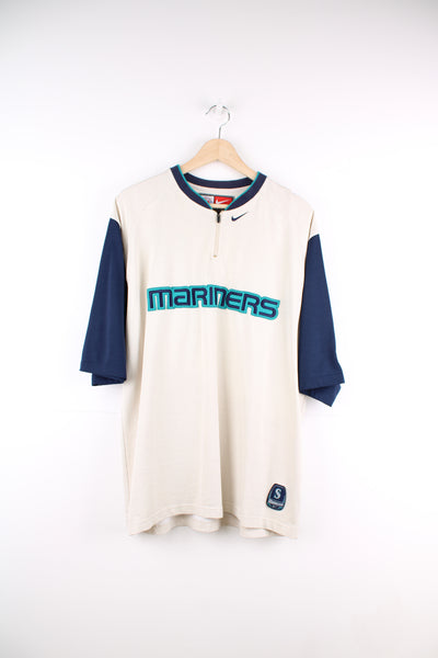 00's Seattle Mariners cream and navy cotton 1/4 zip jersey with embroidered spell-out logo across the chest 