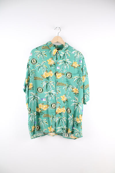 Vintage Reyn Spooner Oakland Athletics Hawaiian shirt in green, features all over print and baseball buttons 