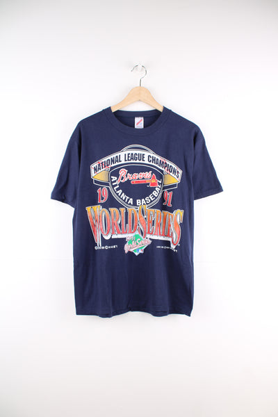 Vintage made in the USA 1991 World Series, Atlanta Braves navy blue single stitch t-shirt with printed graphic on the front 