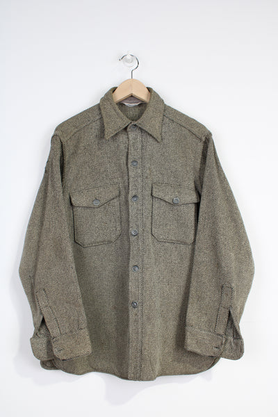Vintage 90's Woolrich grey striped wool button up over shirt with double pockets