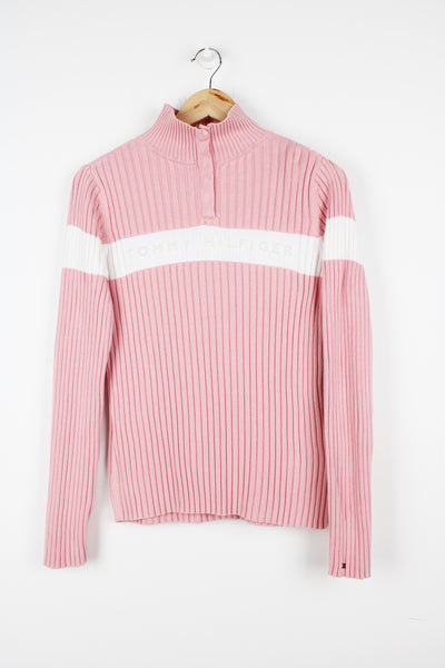 Tommy Hilfiger baby pink high neck ribbed jumper with embroidered logo on the chest