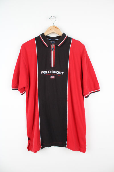 Ralph Lauren red 1/4 zip red polo shirt with embroidered spell-out logo on across the chest