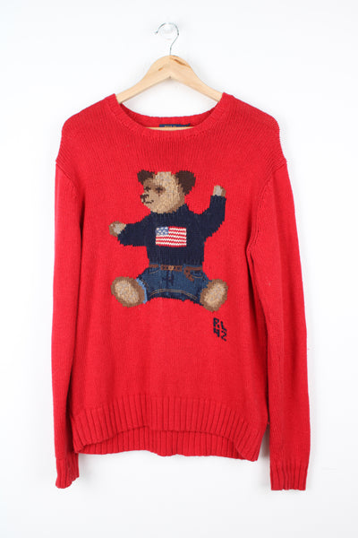 Polo by Ralph Lauren red cotton knit jumper with signature bear on the front