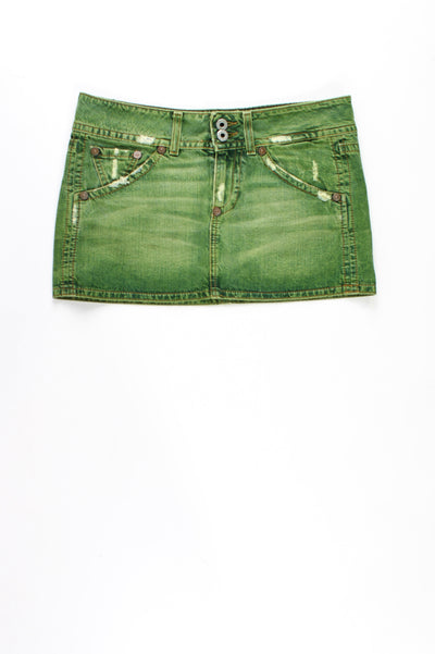 Y2K Guess over dyed green denim, low rise mini skirt. Features distressed details and embroidered logo on the back pocket 