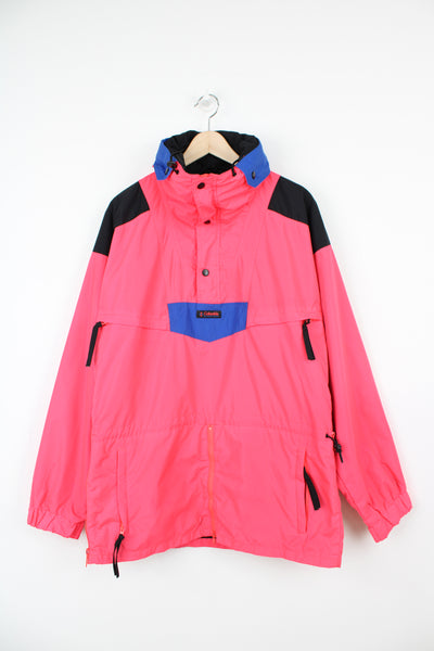 Vintage 90's Columbia neon pink 1/4 zip nylon windbreaker with embroidered logo onthe chest