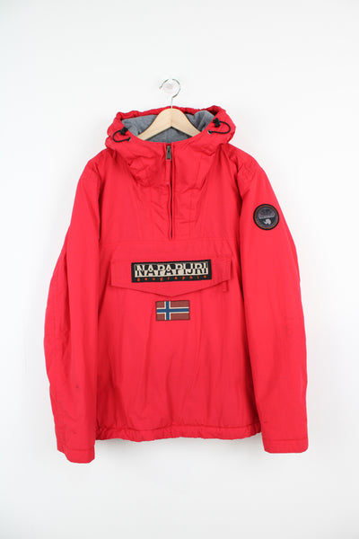 Napapijri red, fleece lined pullover jacket with embroidered badges on the front and sleeve