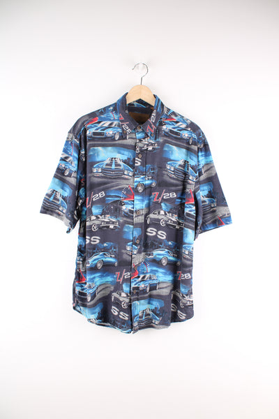 Vintage Classic Car Racer Shirt in a blue colourway, all over print, button up and has a chest pocket.