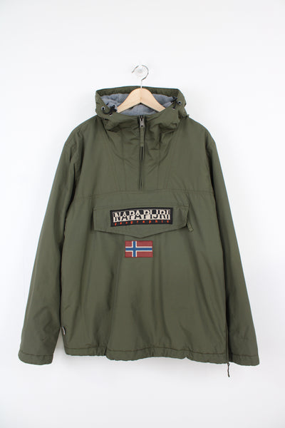Napapijri green, fleece lined pullover jacket with embroidered badges on the front and sleeve