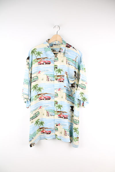 Disney Mickey Mouse Hawaiian Shirt in a blue and tanned colourway, car and island style print all over, button up and has a chest pocket.