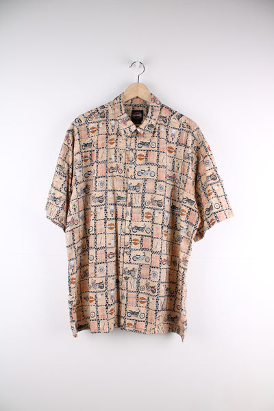 Harley Davidson Hawaiian Shirt in a tan colourway with all over motorbike and logo print, button up and has a chest pocket.