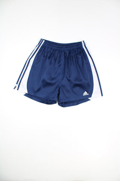Adidas Shorts in a blue and white colourway, no pockets, adjustable waist, and has the logo embroidered on the front.