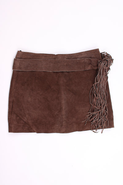 Vintage Y2K brown suede mini skirt by Bay with fringe belt details 