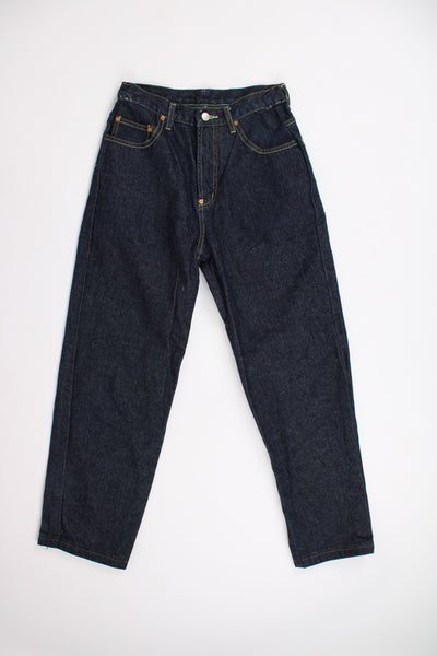 Evisu blue dark wash high waisted denim jeans with red motif embroidered back pockets