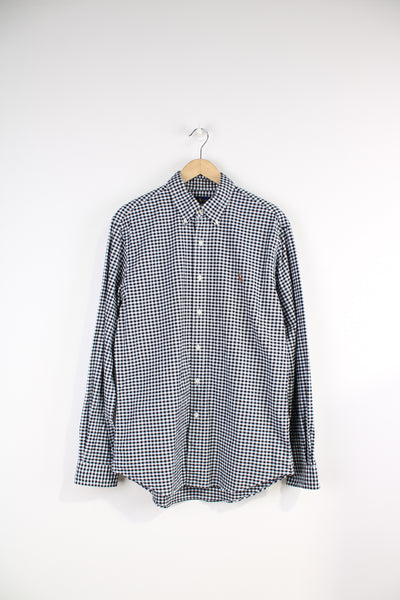 Ralph Lauren black and white gingham button up, slim-fit shirt. features embroidered logo on the chest