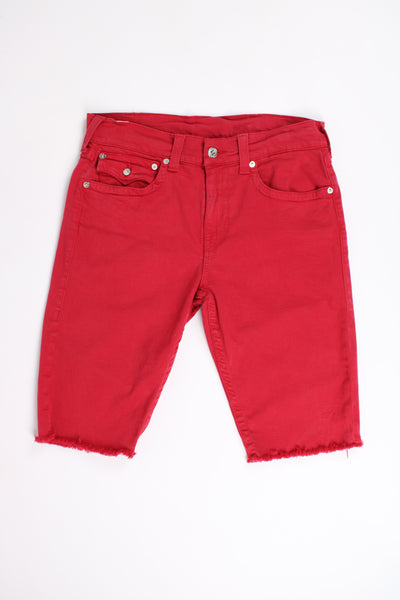 True Religion all red 3/4 denim jorts with embroidered back pockets and signature logo on the waistband