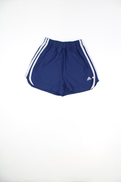 Adidas Shorts in a blue and white colourway, adjustable waist, pockets, and has the logo embroidered on the front.