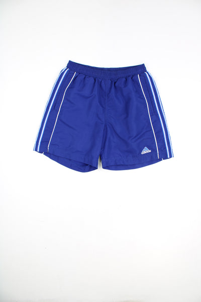 Adidas Shorts in a blue and white colourway, adjustable waist, pockets, and has the logo embroidered on the front.