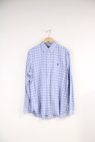 Ralph Lauren lilac plaid, button up cotton with signature embroidered logo on the chest