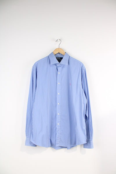 Ralph Lauren blue and white pin striped, cotton shirt with signature embroidered logo on the chest