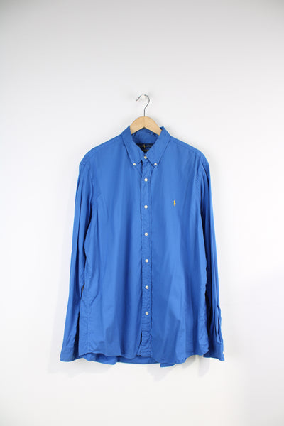 Ralph Lauren bright blue button up cotton shirt features signature embroidered logo on the chest