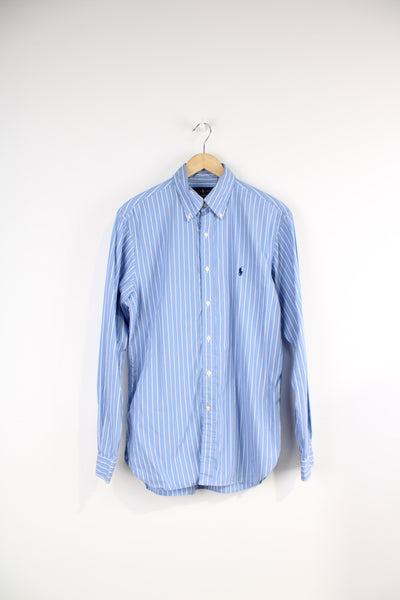 Ralph Lauren blue and white pin striped, slim fit cotton shirt with signature embroidered logo on the chest