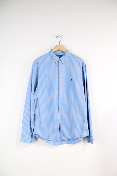 Ralph Lauren blue and white pin striped button up cotton shirt with signature embroidered logo on the chest