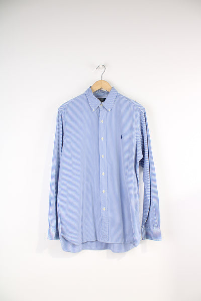 Ralph Lauren blue and white striped button up cotton shirt with signature embroidered logo on the chest