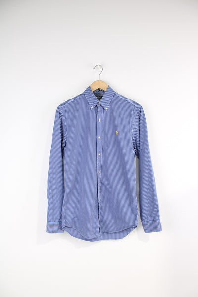 Ralph Lauren blue with white stripe, slim fit cotton shirt with signature embroidered logo on the chest