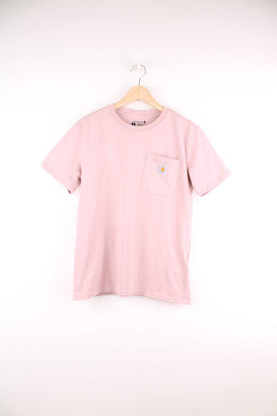 Dusty pink Carhartt loose fit t-shirt with branded chest pocket and spell-out graphic on the back 
