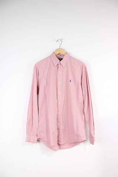 Vintage Ralph Lauren Shirt in a pink, white and red striped colourway, button up shirt with the logo embroidered on the chest. 