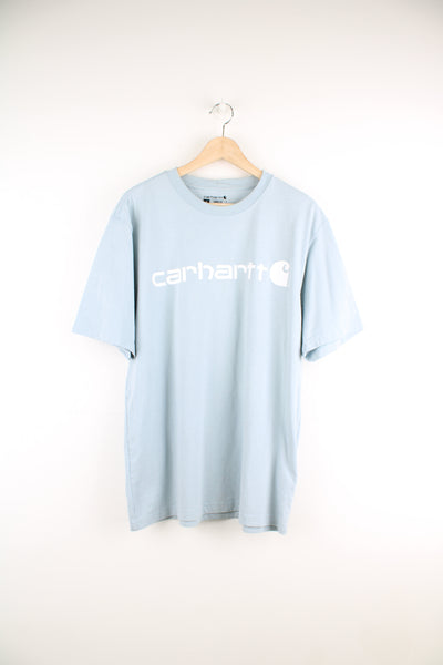 Baby blue Carhartt loose fit cotton t-shirt with spell-out logo across the chest 