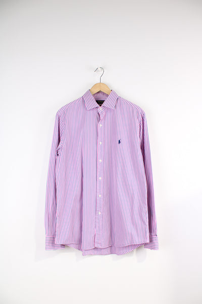 Vintage Ralph Lauren Shirt in a pink, blue and white striped colourway, button up shirt with the logo embroidered on the chest. 