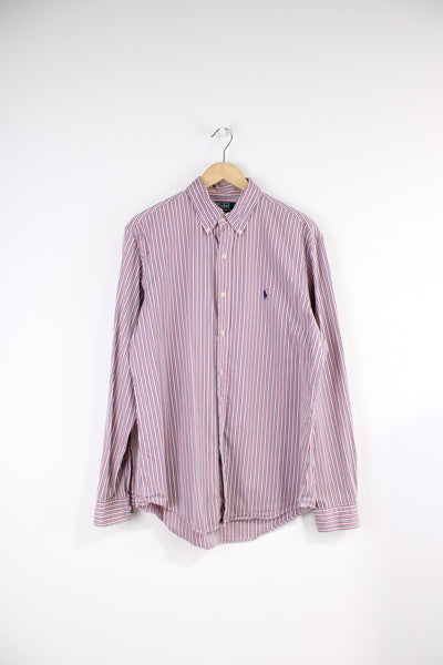 Vintage Ralph Lauren Shirt in a pink, white, green and yellow striped colourway, button up shirt with the logo embroidered on the chest. 