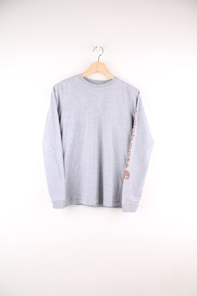 Carhartt light grey long sleeve t-shirt with spell-out logo down the sleeve 
