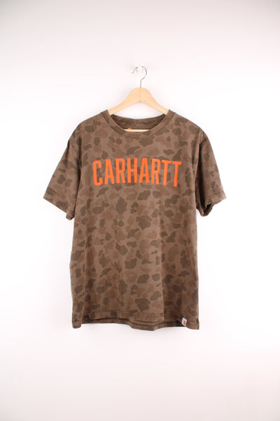 Carhartt brown camouflage relaxed fit t-shirt with spell-out logo across the front 
